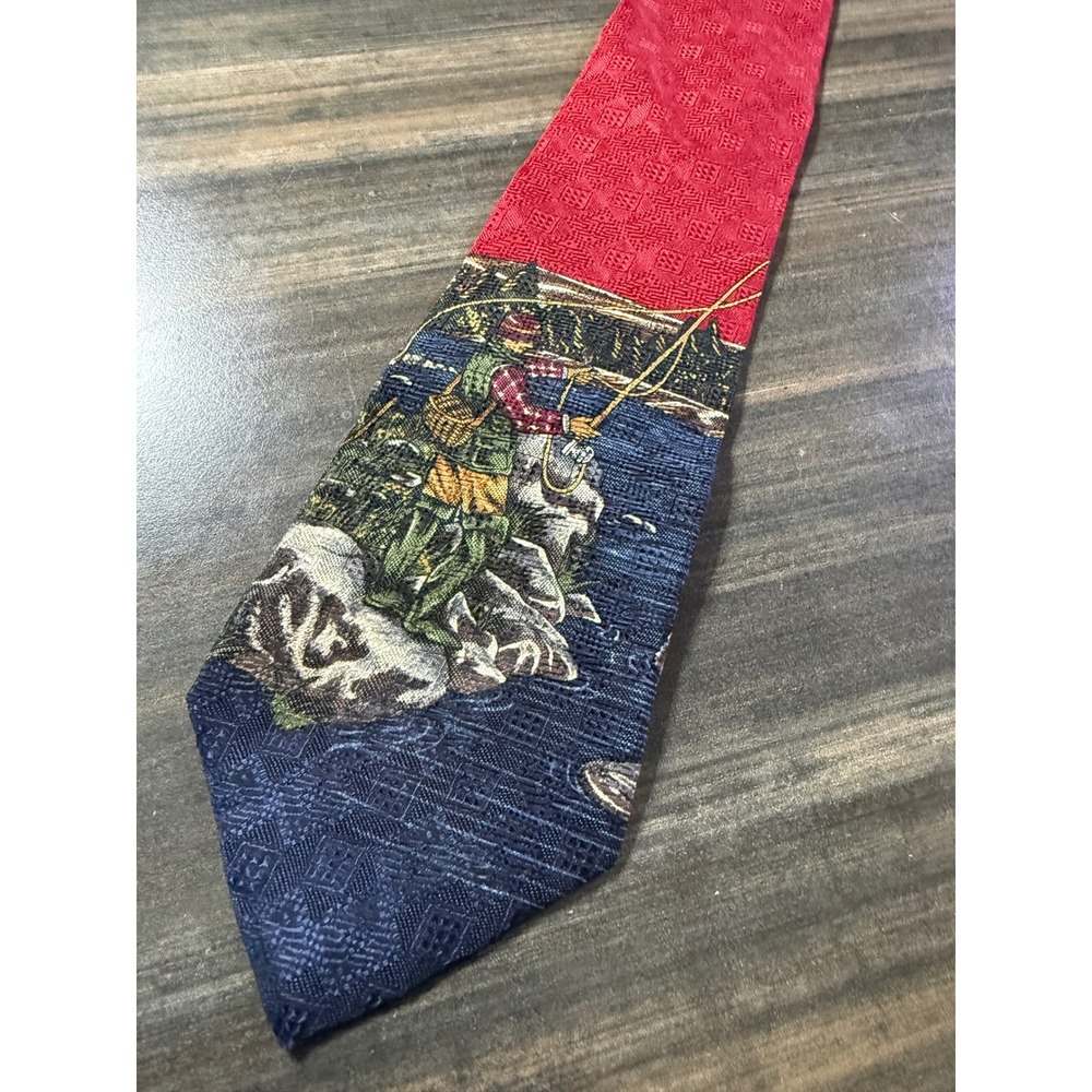 Hathaway Mens Silk Tie Red Navy Fly Fishing Scenic Woven Jacquard Made in USA